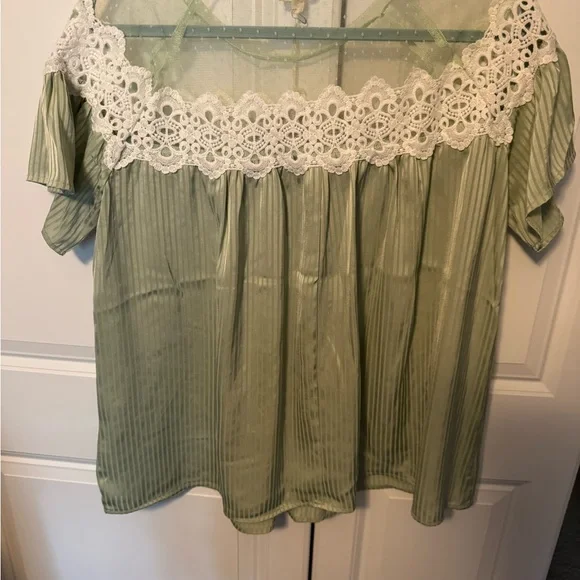 BiBi Sage Green Blouse with White Lace Detail - Picture 5 of 5